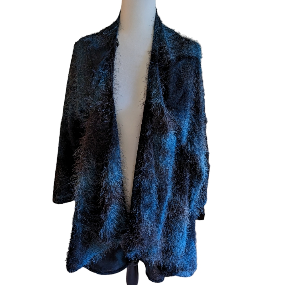 - Boho long length sweater with fuzzy design.  EUC Sz 2x. Blue and Black